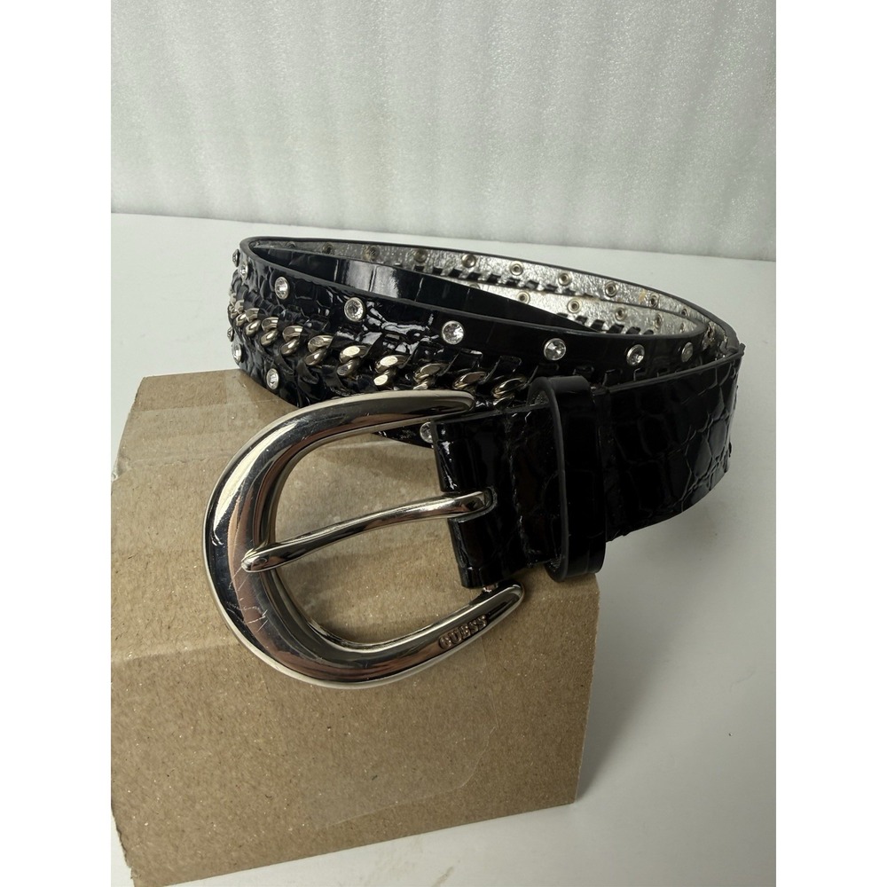 Y2K Guess Women's Synthetic Leather Rhinestone Silver Chained Two Tone Belt XL